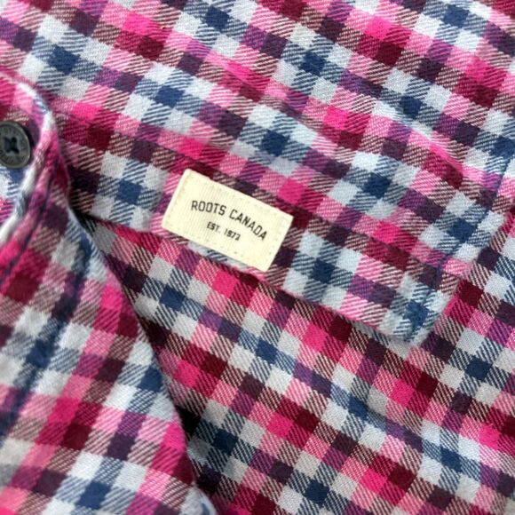 Roots Womens Flannel Purple blue plaid button up shirt cotton long sleeves sz S - Picture 4 of 10